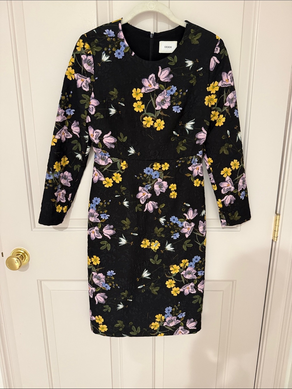 ERDEM Black Long-Sleeve Floral Sheath Dress
